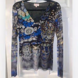 Petit Pois by Viviana G V-Neck Long Sleeve Print Mesh Lined Top size M